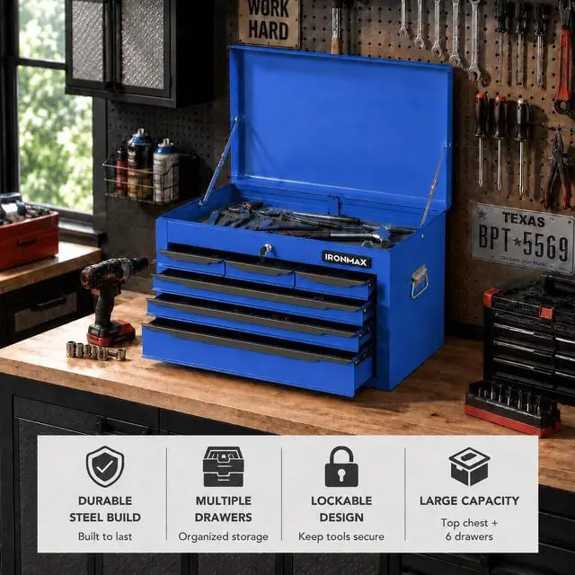 Alt view image 2 of 6 - Large Metal Tool Box, Tool Box with 6 Drawers & Top Tray, Heavy-Duty Steel Tool Chest with Auto-Locking Drawers and Side Handles for Garage & Workbench (Blue)