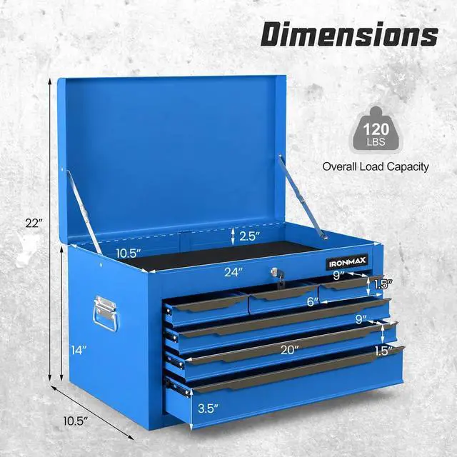Alt view image 3 of 6 - Large Metal Tool Box, Tool Box with 6 Drawers & Top Tray, Heavy-Duty Steel Tool Chest with Auto-Locking Drawers and Side Handles for Garage & Workbench (Blue)