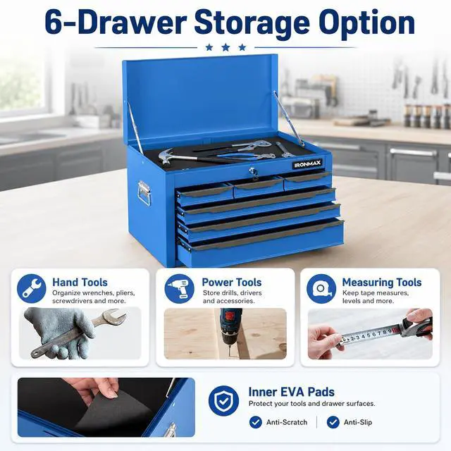 Alt view image 4 of 6 - Large Metal Tool Box, Tool Box with 6 Drawers & Top Tray, Heavy-Duty Steel Tool Chest with Auto-Locking Drawers and Side Handles for Garage & Workbench (Blue)