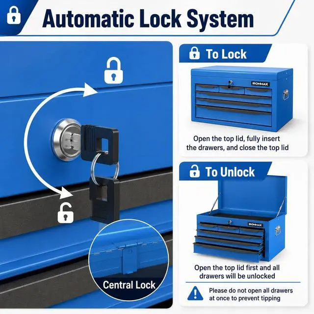 Alt view image 5 of 6 - Large Metal Tool Box, Tool Box with 6 Drawers & Top Tray, Heavy-Duty Steel Tool Chest with Auto-Locking Drawers and Side Handles for Garage & Workbench (Blue)