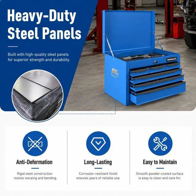 Alt view image 6 of 6 - Large Metal Tool Box, Tool Box with 6 Drawers & Top Tray, Heavy-Duty Steel Tool Chest with Auto-Locking Drawers and Side Handles for Garage & Workbench (Blue)