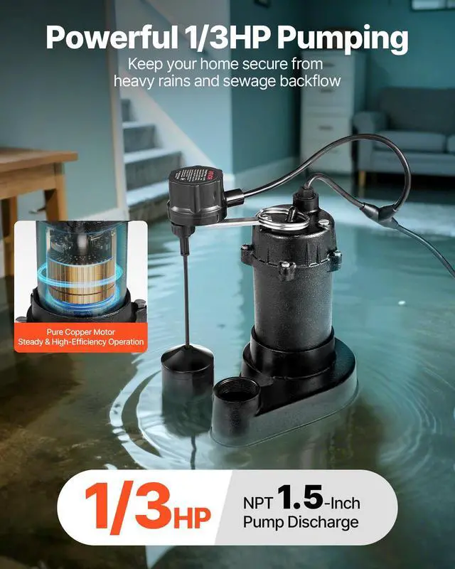 Alt view image 2 of 6 - Submersible Sewage Pump, 1/3 HP, 3000 GPH Cast Iron Sewage/Effluent Pump with Automatic Float Switch, 1.5-Inch NPT Discharge, 120V, 25 ft Lift, for Basement, Septic Tank, Residential Sump Basin