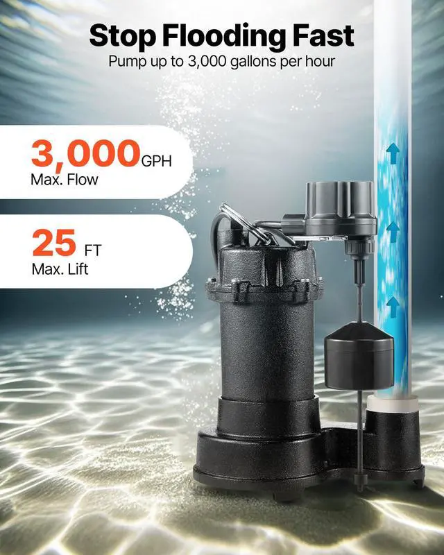 Alt view image 3 of 6 - Submersible Sewage Pump, 1/3 HP, 3000 GPH Cast Iron Sewage/Effluent Pump with Automatic Float Switch, 1.5-Inch NPT Discharge, 120V, 25 ft Lift, for Basement, Septic Tank, Residential Sump Basin