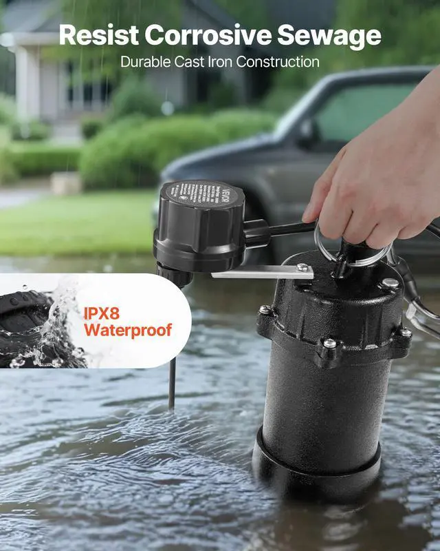 Alt view image 4 of 6 - Submersible Sewage Pump, 1/3 HP, 3000 GPH Cast Iron Sewage/Effluent Pump with Automatic Float Switch, 1.5-Inch NPT Discharge, 120V, 25 ft Lift, for Basement, Septic Tank, Residential Sump Basin