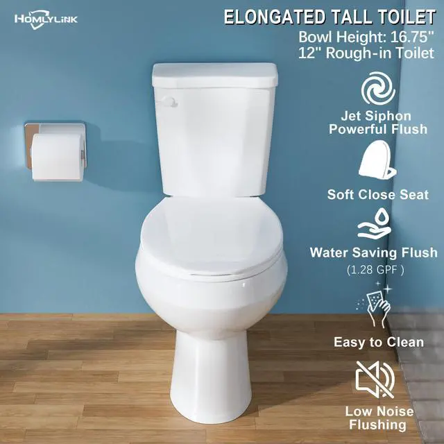 Alt view image 2 of 6 - 17 Inch Elongated ADA High Two Piece White Toilet for Bathroom | 1.28 GPF Single Flush, Comfort Seat Height 17.5 Inch Tall Toilet for Seniors, Bowl Height 16.75 Inch, 12 Inch Rough In
