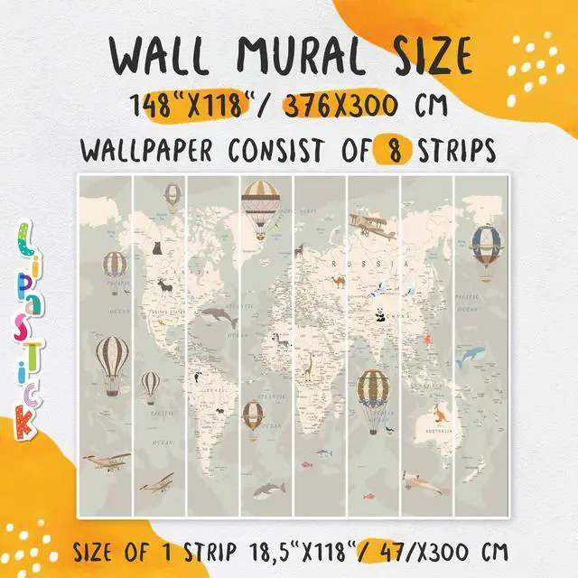 Alt view image 5 of 6 - Kids World Map Wallpaper with AnimalsPeel and Stick Educational DecalsNursery Murals for Baby, Toddlers,Boys, Kids RoomRemovable Waterproof Decor for Bedroom, Classroom, Playroom(148W x 118.1H)