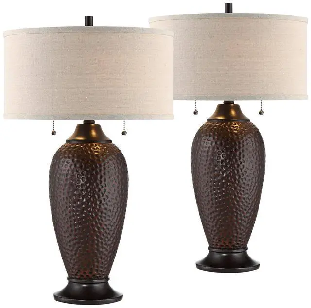 Alt view image 2 of 6 - Cody 26" High Industrial Farmhouse Rustic Modern Table Lamps Set of 2 WiFi Smart Socket Pull Chain Oiled Bronze Finish Living Room Bedroom Bedside Nightstand House Oatmeal Shade