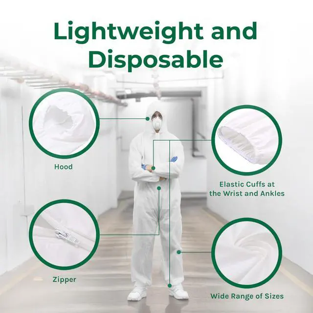 Alt view image 4 of 6 - Lightweight Disposable Coveralls with Hood - Waterproof Protective Suit for Painting, Cleaning, Construction & Spray Foam Insulation - Durable Full Body Protection - 50 Pack (XL)