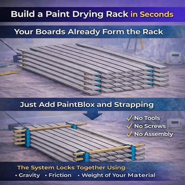 Alt view image 4 of 6 - 72 Paint Drying Rack System for Trim & Siding Cabinet Door Drying Rack Stackable Drying Rack No Tools or Fasteners Required Made in USA