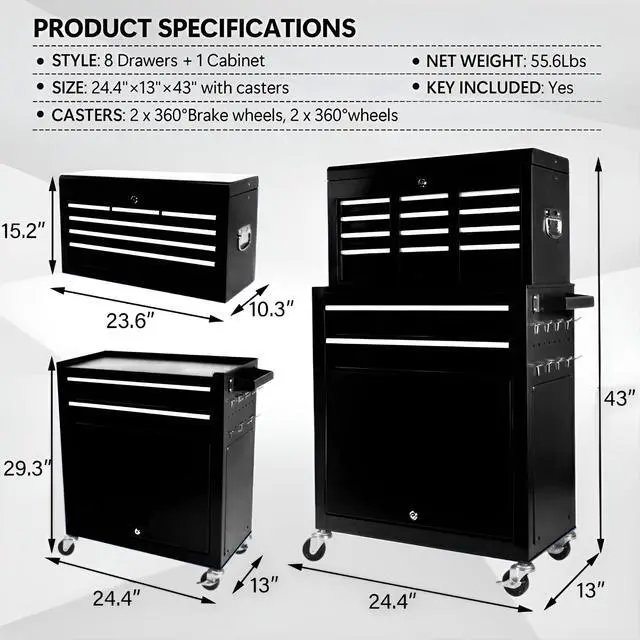 Alt view image 2 of 6 - 8-Drawer Rolling Tool Chest, 2-in-1 Detachable Tool Box Cabinet with Wheels, Lockable Metal Tool Storage with Liners for Garage Workshop, Black