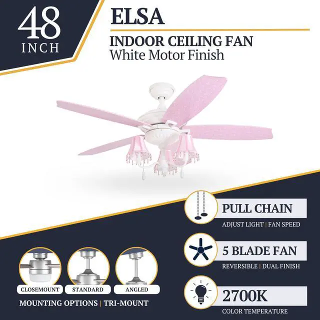 Alt view image 3 of 6 - Elsa, 48 Inch Princess Style Indoor LED Ceiling Fan with Light, Pull Chain, Three Mounting Options, 5 Dual Finish Blades, Reversible Motor 50623-01 (White/Pink)