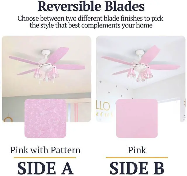 Alt view image 4 of 6 - Elsa, 48 Inch Princess Style Indoor LED Ceiling Fan with Light, Pull Chain, Three Mounting Options, 5 Dual Finish Blades, Reversible Motor 50623-01 (White/Pink)