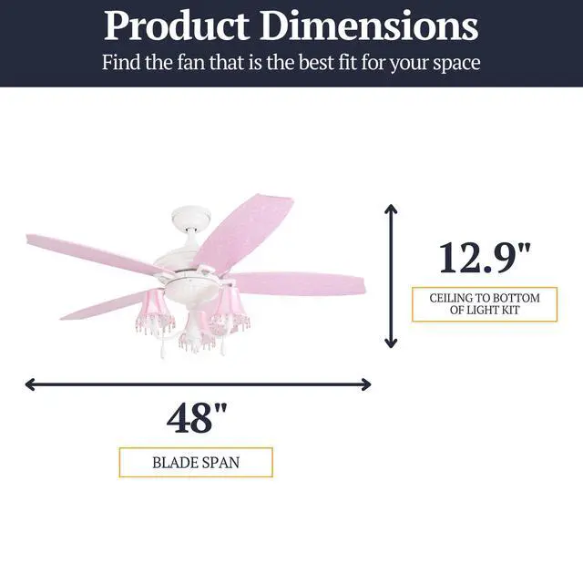 Alt view image 6 of 6 - Elsa, 48 Inch Princess Style Indoor LED Ceiling Fan with Light, Pull Chain, Three Mounting Options, 5 Dual Finish Blades, Reversible Motor 50623-01 (White/Pink)