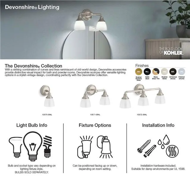 Alt view image 4 of 6 - 10572-2GL Devonshire Bathroom Vanity Fixture, Wall Sconce Lighting, Position Facing Up or Down, UL Listed, 3, Brushed Modern Brass