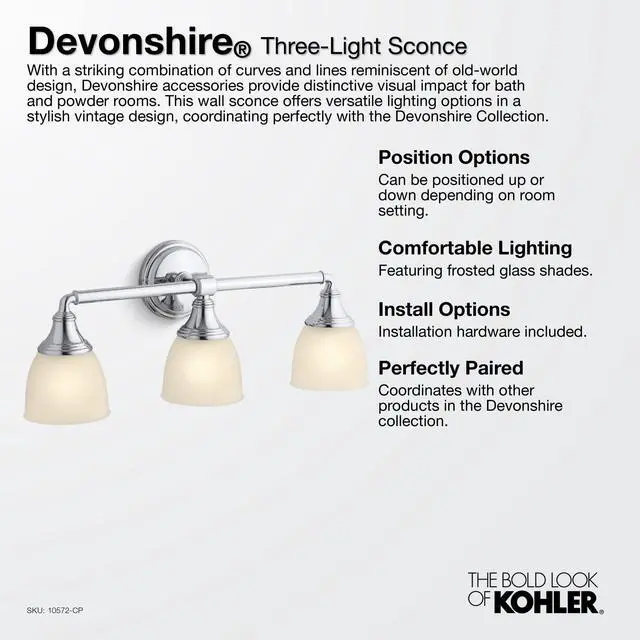Alt view image 5 of 6 - 10572-2GL Devonshire Bathroom Vanity Fixture, Wall Sconce Lighting, Position Facing Up or Down, UL Listed, 3, Brushed Modern Brass