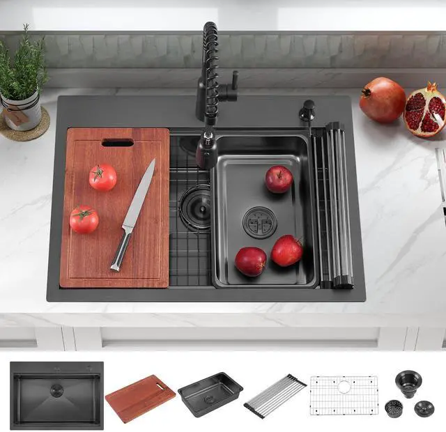 Main image of 30 Inch Black Workstation Drop in Kitchen Sink Large Single Bowl,30x22 Inch Stainless Steel Handmade Workstation Ledge Drop in Kitchen Sink