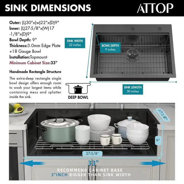 Alt view image 2 of 6 - 30 Inch Black Workstation Drop in Kitchen Sink Large Single Bowl,30x22 Inch Stainless Steel Handmade Workstation Ledge Drop in Kitchen Sink