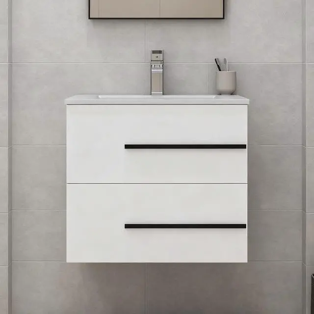 Alt view image 2 of 5 - 24 inch Floating Bathroom Vanity Without Sink, Space Saving Fluted Design for Small Bathrooms, Soft Closing Drawers & Black Handles White