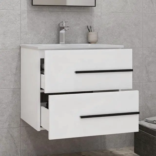 Alt view image 5 of 5 - 24 inch Floating Bathroom Vanity Without Sink, Space Saving Fluted Design for Small Bathrooms, Soft Closing Drawers & Black Handles White