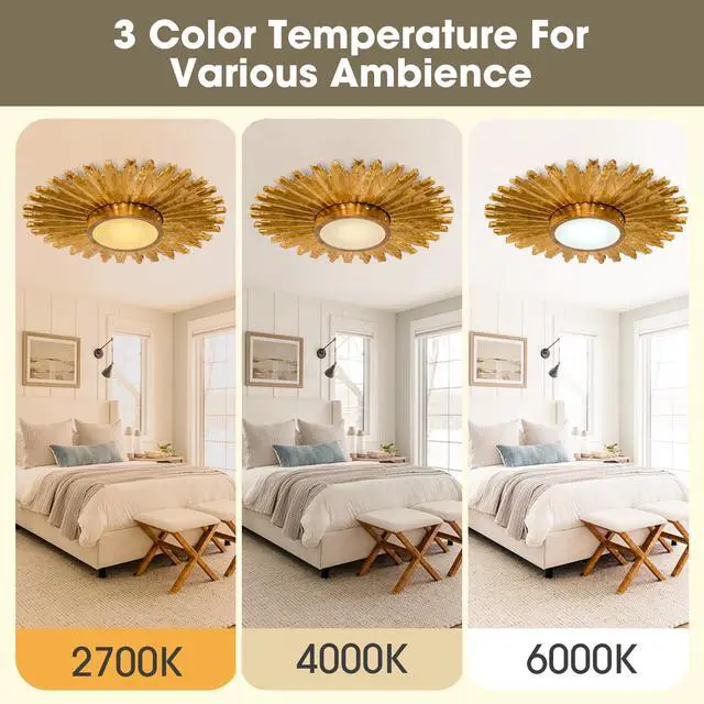 Alt view image 5 of 6 - Chandeliers for Dining Room Gold Flush Mount Ceiling Lights Farmhouse Rustic Chandelier for Bedroom Living Room Kitchen Entryway, Adjustable Color Temperature, 21.5 Inch, Brass
