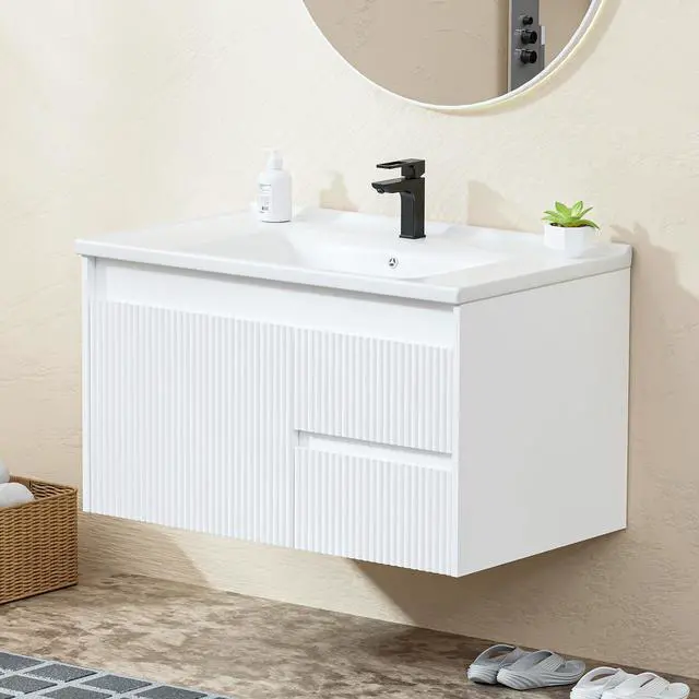 Main image of Floating Bathroom Vanity 32 Inch, Wall Mounted Bathroom Vanity with Ceramic Sink and 2 Drawers for Storage, Modern Wave-Carved Design Wooden Sink Cabinet, White