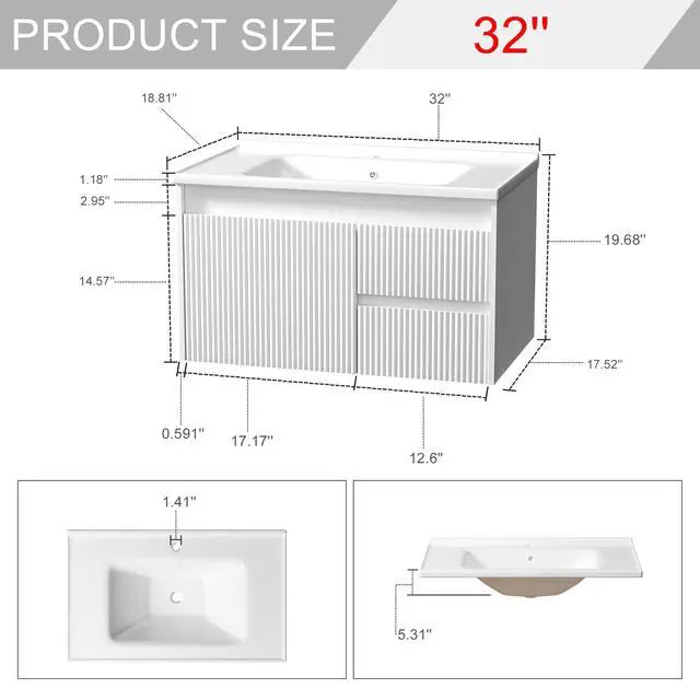 Alt view image 2 of 6 - Floating Bathroom Vanity 32 Inch, Wall Mounted Bathroom Vanity with Ceramic Sink and 2 Drawers for Storage, Modern Wave-Carved Design Wooden Sink Cabinet, White