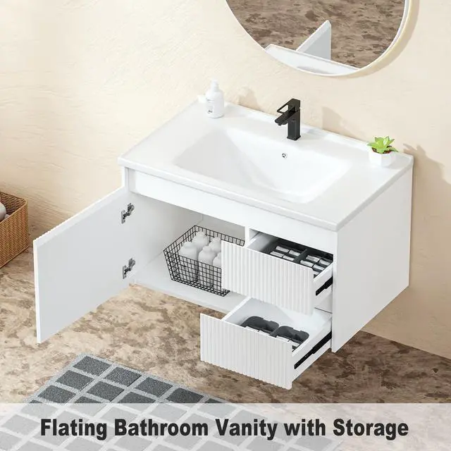 Alt view image 3 of 6 - Floating Bathroom Vanity 32 Inch, Wall Mounted Bathroom Vanity with Ceramic Sink and 2 Drawers for Storage, Modern Wave-Carved Design Wooden Sink Cabinet, White