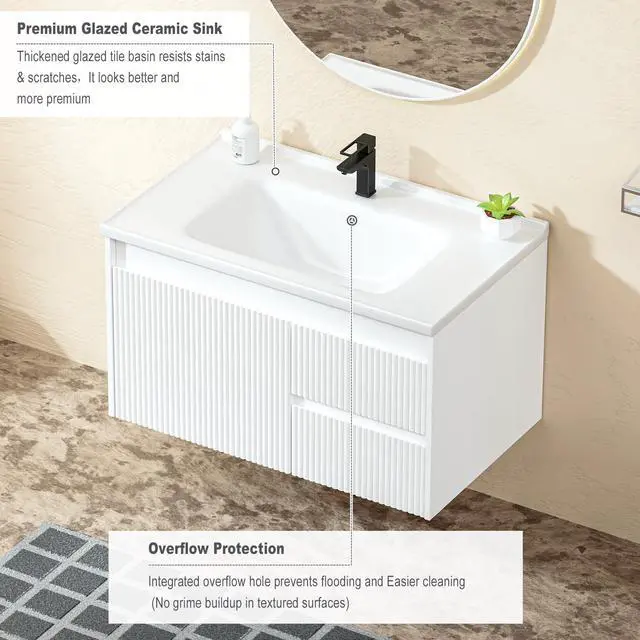 Alt view image 4 of 6 - Floating Bathroom Vanity 32 Inch, Wall Mounted Bathroom Vanity with Ceramic Sink and 2 Drawers for Storage, Modern Wave-Carved Design Wooden Sink Cabinet, White