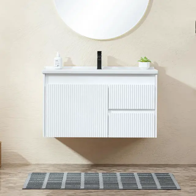 Alt view image 6 of 6 - Floating Bathroom Vanity 32 Inch, Wall Mounted Bathroom Vanity with Ceramic Sink and 2 Drawers for Storage, Modern Wave-Carved Design Wooden Sink Cabinet, White