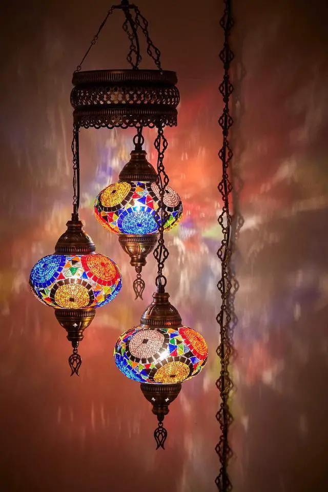 Main image of Plug-in Turkish Hanging Lamp, Handmade Moroccan Mosaic Chandelier Pendant Light Fixture with 15-ft Cord & Chain, Decorative Ceiling Lamp for Living Room, Bedroom, 3 Large 7'' Globes, 3.5 ft
