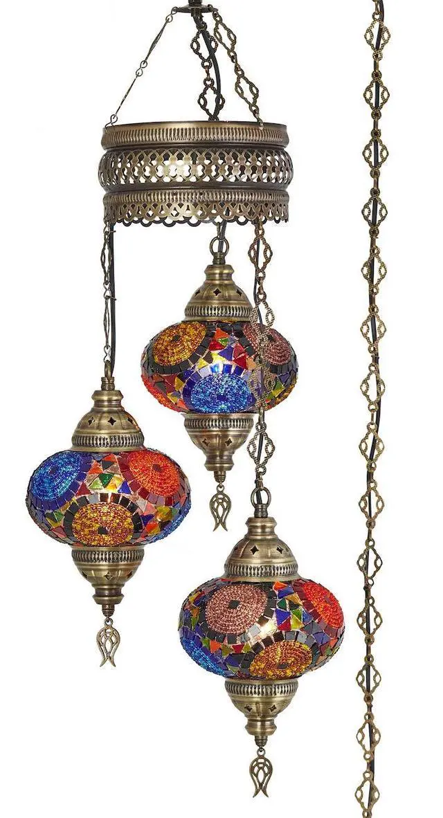 Alt view image 2 of 3 - Plug-in Turkish Hanging Lamp, Handmade Moroccan Mosaic Chandelier Pendant Light Fixture with 15-ft Cord & Chain, Decorative Ceiling Lamp for Living Room, Bedroom, 3 Large 7'' Globes, 3.5 ft