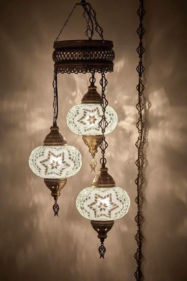 Main image of Plug-in Turkish Hanging Lamp, Handmade Moroccan Mosaic Chandelier Pendant Light Fixture with 15-ft Cord & Chain, Decorative Ceiling Lamp for Living Room, Bedroom, 3 Large 7'' Globes, 3.5 ft