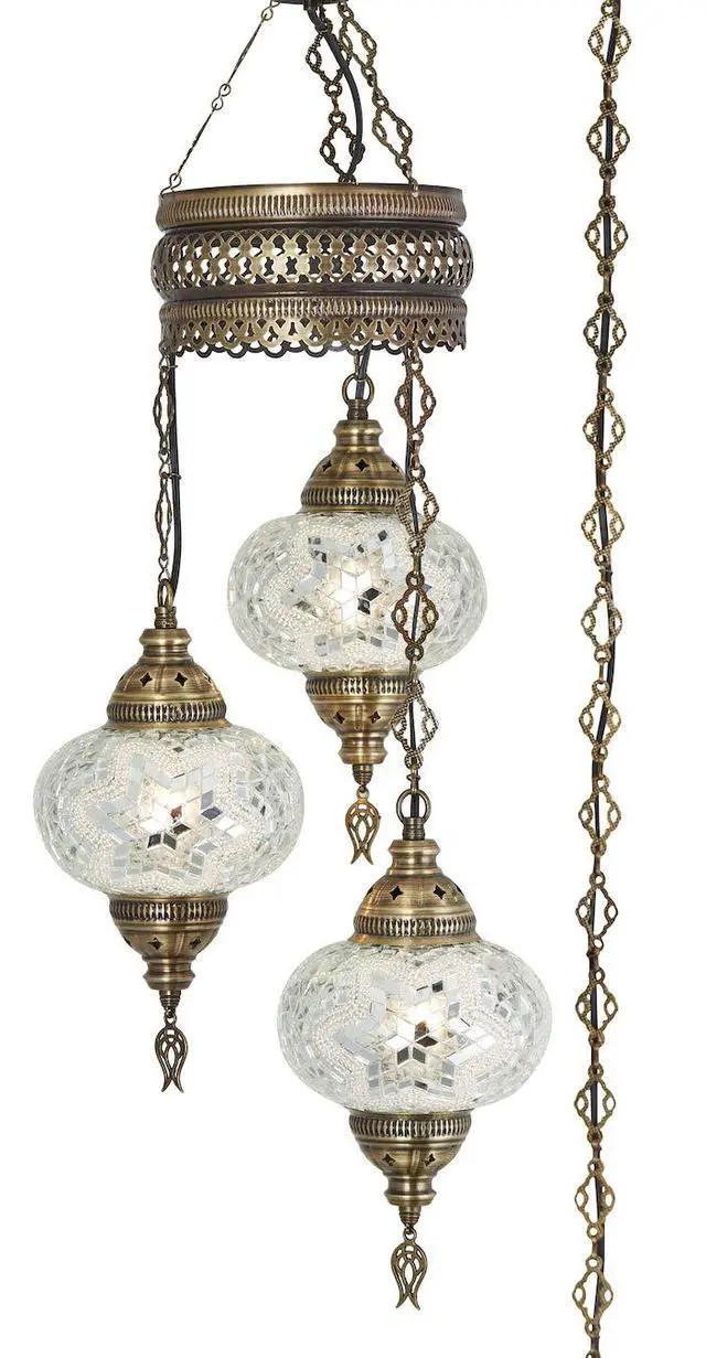 Alt view image 2 of 3 - Plug-in Turkish Hanging Lamp, Handmade Moroccan Mosaic Chandelier Pendant Light Fixture with 15-ft Cord & Chain, Decorative Ceiling Lamp for Living Room, Bedroom, 3 Large 7'' Globes, 3.5 ft