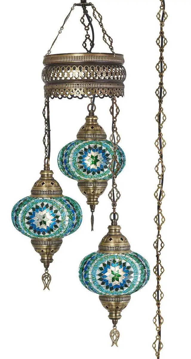 Alt view image 2 of 3 - Plug-in Turkish Hanging Lamp, Handmade Moroccan Mosaic Chandelier Pendant Light Fixture with 15-ft Cord & Chain, Decorative Ceiling Lamp for Living Room, Bedroom, 3 Large 7'' Globes, 3.5 ft