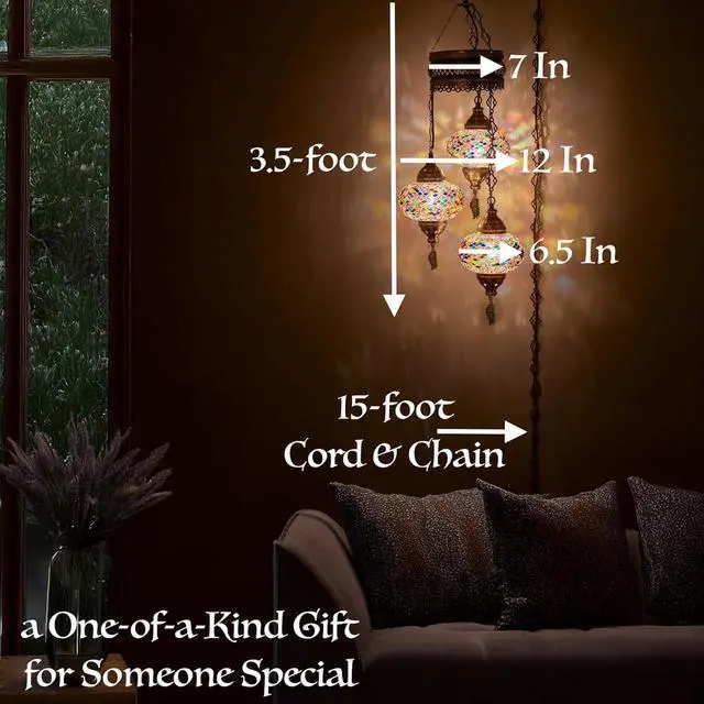 Alt view image 3 of 3 - Plug-in Turkish Hanging Lamp, Handmade Moroccan Mosaic Chandelier Pendant Light Fixture with 15-ft Cord & Chain, Decorative Ceiling Lamp for Living Room, Bedroom, 3 Large 7'' Globes, 3.5 ft