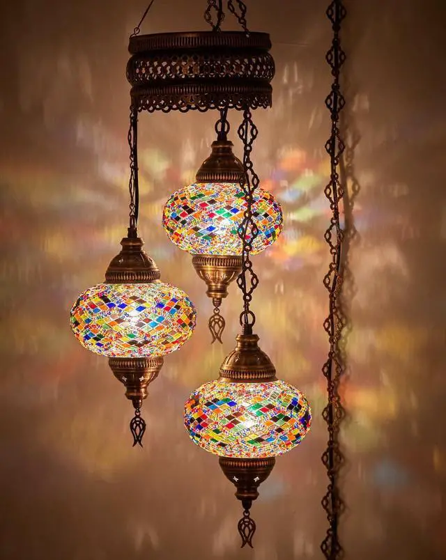 Main image of Plug-in Turkish Hanging Lamp, Handmade Moroccan Mosaic Chandelier Pendant Light Fixture with 15-ft Cord & Chain, Decorative Ceiling Lamp for Living Room, Bedroom, 3 Large 7'' Globes, 3.5 ft