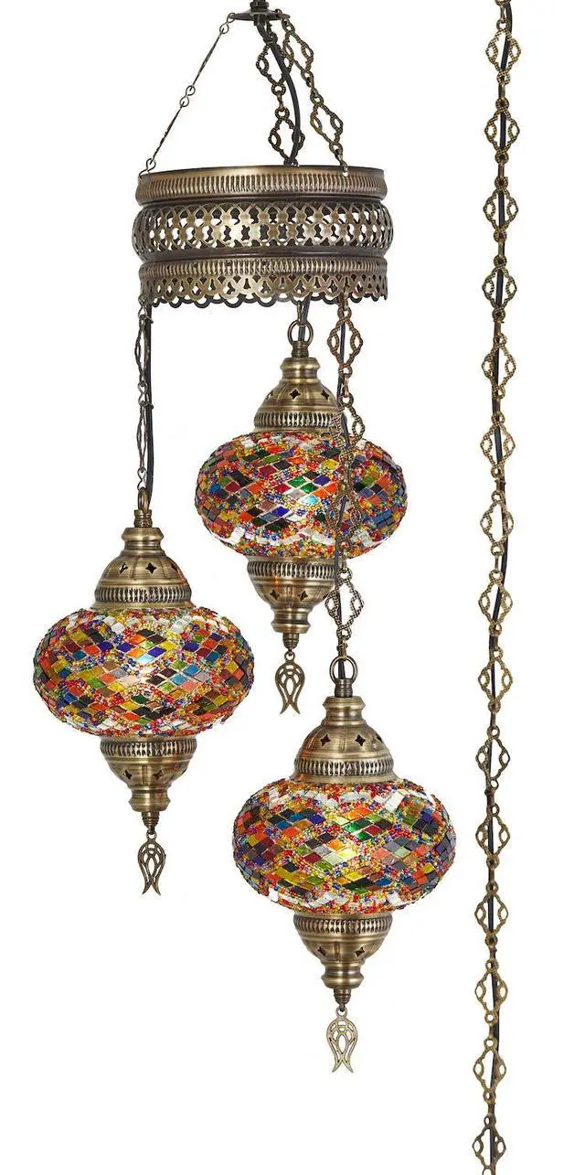 Alt view image 2 of 3 - Plug-in Turkish Hanging Lamp, Handmade Moroccan Mosaic Chandelier Pendant Light Fixture with 15-ft Cord & Chain, Decorative Ceiling Lamp for Living Room, Bedroom, 3 Large 7'' Globes, 3.5 ft