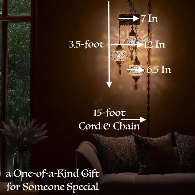 Alt view image 3 of 3 - Plug-in Turkish Hanging Lamp, Handmade Moroccan Mosaic Chandelier Pendant Light Fixture with 15-ft Cord & Chain, Decorative Ceiling Lamp for Living Room, Bedroom, 3 Large 7'' Globes, 3.5 ft