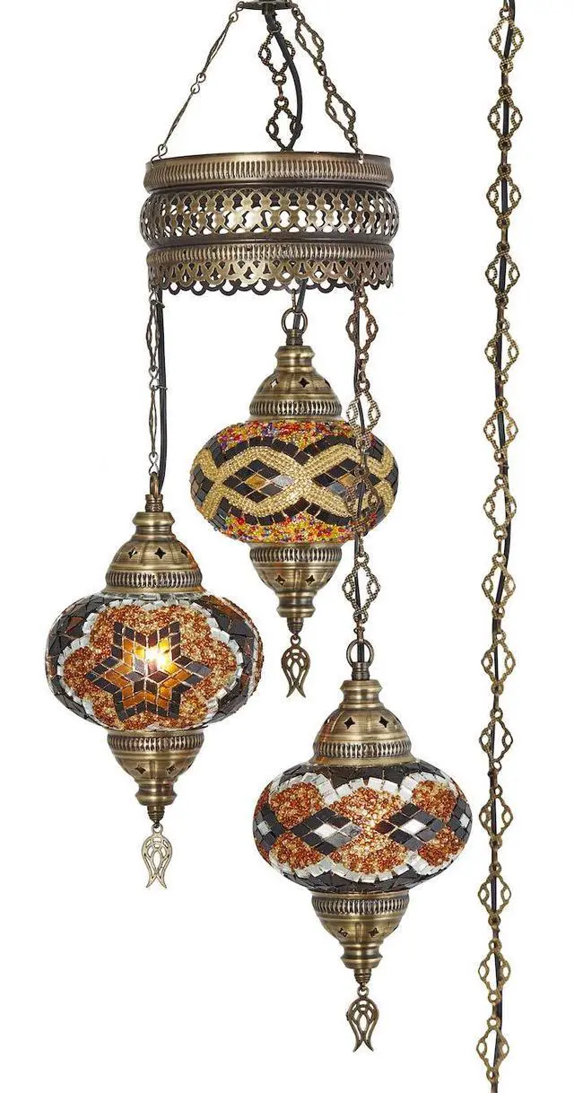 Alt view image 2 of 3 - Plug-in Turkish Hanging Lamp, Handmade Moroccan Mosaic Chandelier Pendant Light Fixture with 15-ft Cord & Chain, Decorative Ceiling Lamp for Living Room, Bedroom, 3 Large 7'' Globes, 3.5 ft