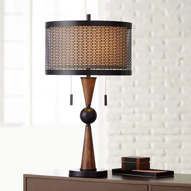 Main image of Hunter Rustic Farmhouse Table Lamp 29 3/4" Tall Cherry Wood Bronze Metal Outer Tan Fabric Inner Drum Shade for Bedroom Living Room House Home Bedside Nightstand Office Family
