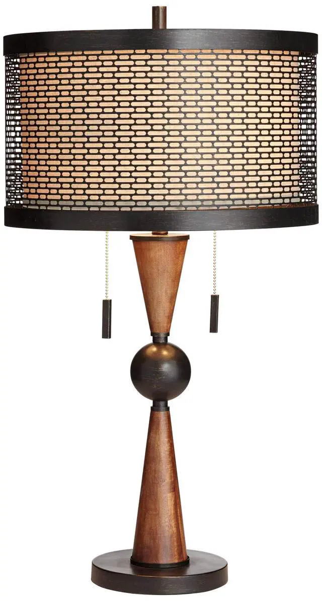 Alt view image 2 of 6 - Hunter Rustic Farmhouse Table Lamp 29 3/4" Tall Cherry Wood Bronze Metal Outer Tan Fabric Inner Drum Shade for Bedroom Living Room House Home Bedside Nightstand Office Family