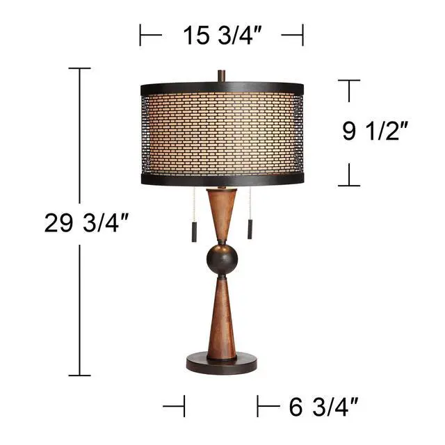 Alt view image 4 of 6 - Hunter Rustic Farmhouse Table Lamp 29 3/4" Tall Cherry Wood Bronze Metal Outer Tan Fabric Inner Drum Shade for Bedroom Living Room House Home Bedside Nightstand Office Family