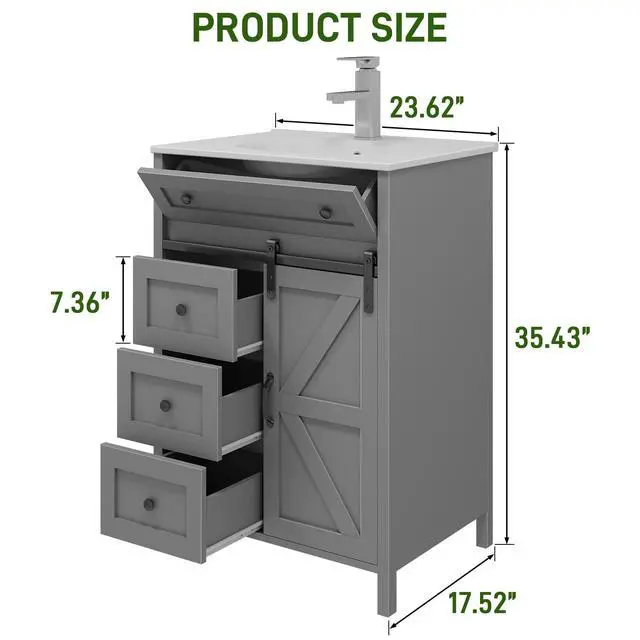 Alt view image 2 of 6 - 24 Inch Bathroom Vanity with 4 Drawers and Sliding Door, Freestanding Bathroom Storage Cabinet with Sink Combo, Vintage Vanity Cabinet with Ceramic Sink, Faucet, Drain, Light Grey