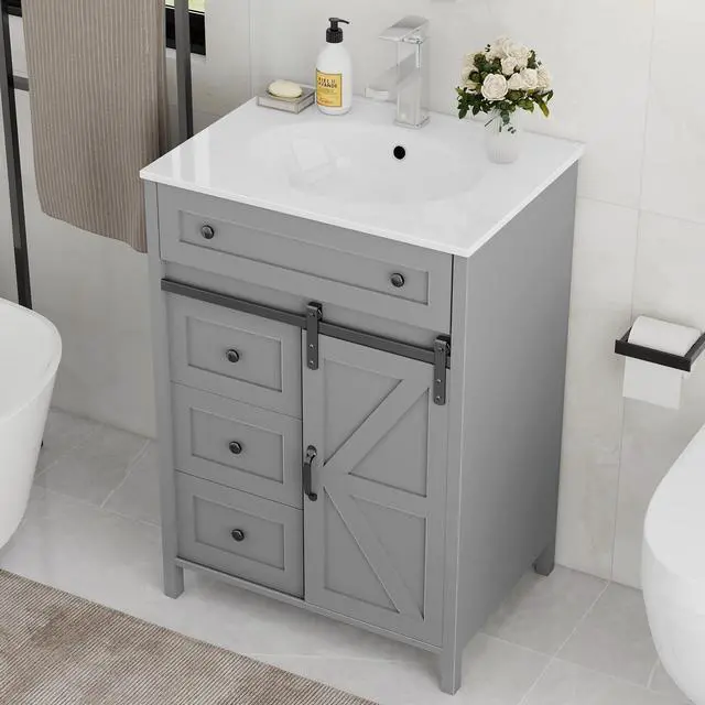 Alt view image 3 of 6 - 24 Inch Bathroom Vanity with 4 Drawers and Sliding Door, Freestanding Bathroom Storage Cabinet with Sink Combo, Vintage Vanity Cabinet with Ceramic Sink, Faucet, Drain, Light Grey