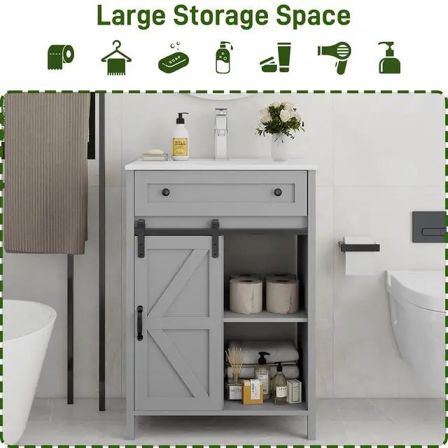 Alt view image 4 of 6 - 24 Inch Bathroom Vanity with 4 Drawers and Sliding Door, Freestanding Bathroom Storage Cabinet with Sink Combo, Vintage Vanity Cabinet with Ceramic Sink, Faucet, Drain, Light Grey