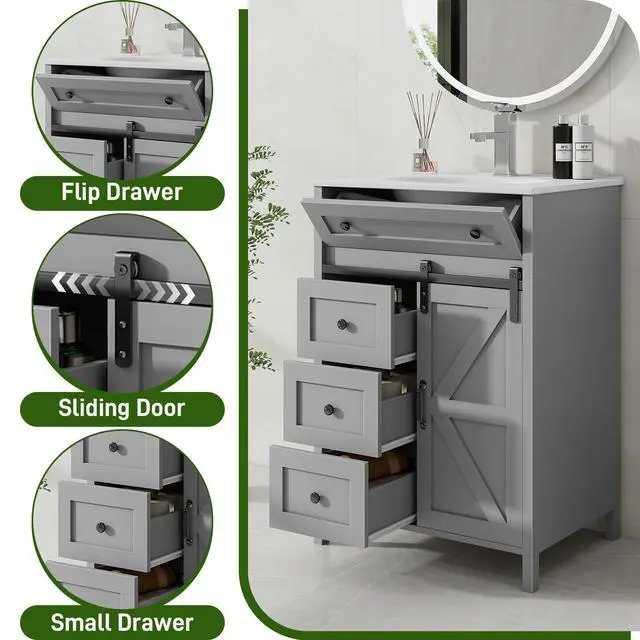 Alt view image 5 of 6 - 24 Inch Bathroom Vanity with 4 Drawers and Sliding Door, Freestanding Bathroom Storage Cabinet with Sink Combo, Vintage Vanity Cabinet with Ceramic Sink, Faucet, Drain, Light Grey