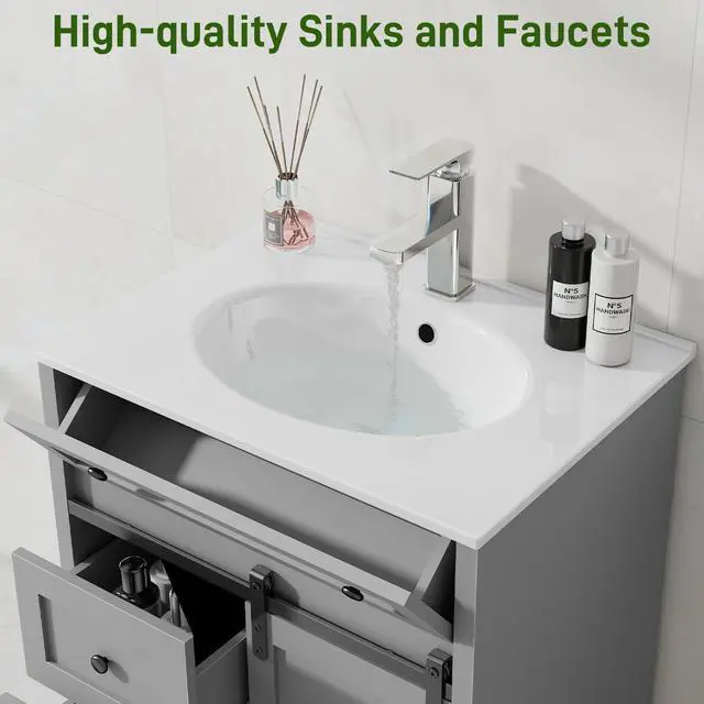 Alt view image 6 of 6 - 24 Inch Bathroom Vanity with 4 Drawers and Sliding Door, Freestanding Bathroom Storage Cabinet with Sink Combo, Vintage Vanity Cabinet with Ceramic Sink, Faucet, Drain, Light Grey