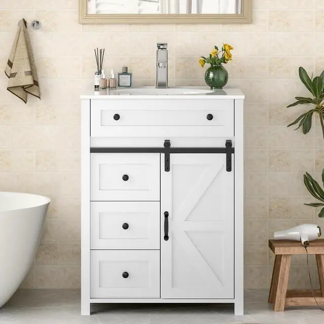 Main image of 24 Inch Bathroom Vanity with 4 Drawers and Sliding Door, Freestanding Bathroom Storage Cabinet with Sink Combo, Vintage Vanity Cabinet with Ceramic Sink, Faucet, Drain, White