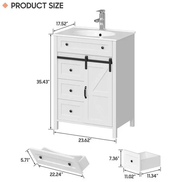 Alt view image 2 of 6 - 24 Inch Bathroom Vanity with 4 Drawers and Sliding Door, Freestanding Bathroom Storage Cabinet with Sink Combo, Vintage Vanity Cabinet with Ceramic Sink, Faucet, Drain, White