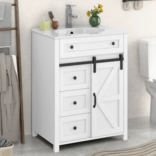 Alt view image 3 of 6 - 24 Inch Bathroom Vanity with 4 Drawers and Sliding Door, Freestanding Bathroom Storage Cabinet with Sink Combo, Vintage Vanity Cabinet with Ceramic Sink, Faucet, Drain, White